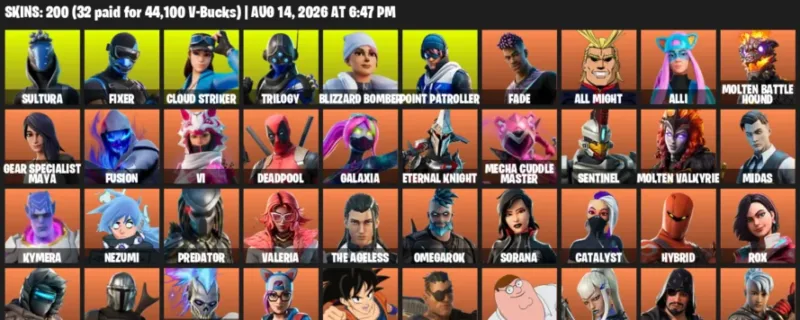 Fortnite account inventory for LVL 1907 - Sultura - Fixer - 200 Outfits