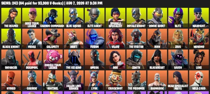 Fortnite account inventory for LVL 1935 - The Reaper - Rose Team Leader - 243 Outfits
