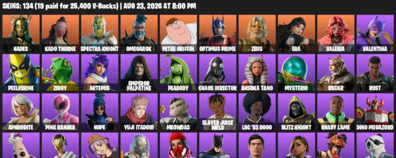 Fortnite account inventory for LVL 2862 - Hades - Kado Thorne - 134 Outfits