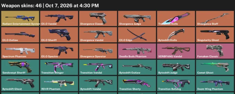 Valorant account inventory for LVL 143 · Transition Knife & 46 Skins Byteshift Knife