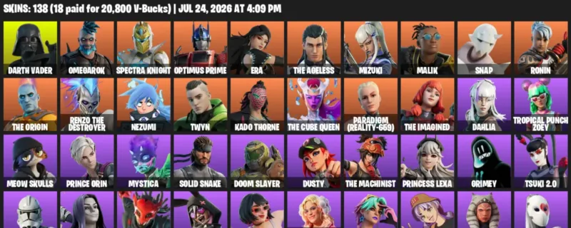 Fortnite Accounts listing: LVL 1438 - Darth Vader - Omegarok - 138 Outfits - 138 outfits