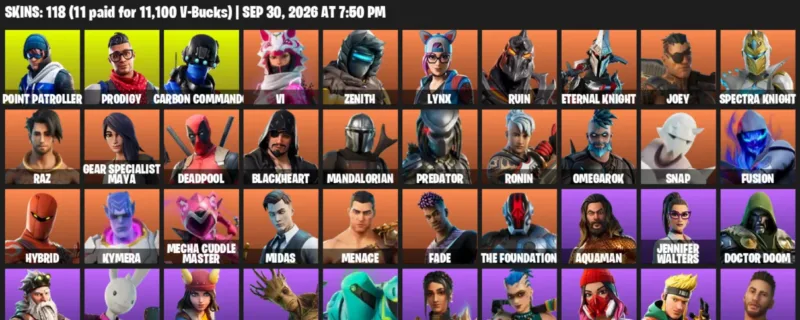 Fortnite account inventory for Point Patroller - Prodigy - 118 Outfits
