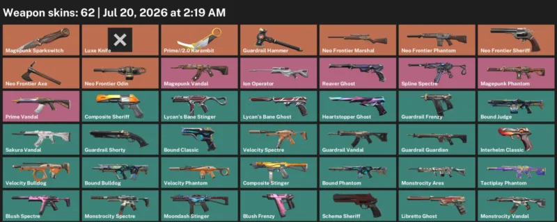 Valorant Accounts listing: LVL 108 · Luxe Knife & Prime//2.0 Karambit · 62 Skins - Diamond 1, 62 skins
