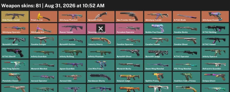 Valorant account inventory for LVL 320 · Tac Blade & Byteshift Knife & K
