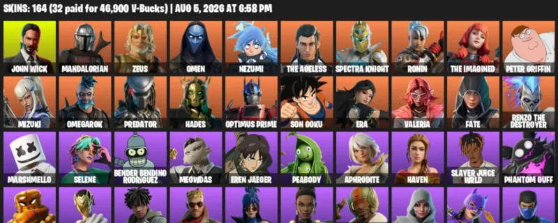 Fortnite account inventory for LVL 1853 - John Wick - Mandalorian - 164 Outfits