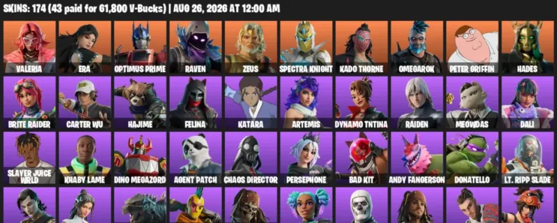Fortnite account inventory for LVL 2893 - Valeria - Era - 174 Outfits