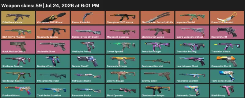 Valorant Accounts listing: LVL 104 · Black.Market Butterfly Knife & Champions 2023 Kunai · 59 Skins - Platinum 2, 59 skins