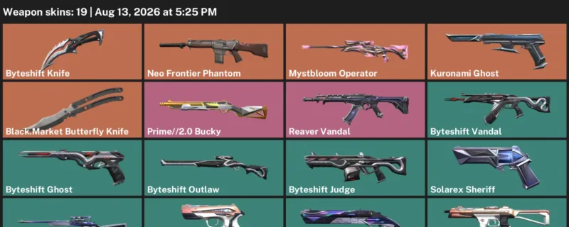 Valorant account inventory for LVL 87 · Byteshift Knife & Byteshift Vandal