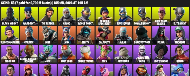 Fortnite account inventory for LVL 407 - Black Knight - Warpaint - 53 Outfits