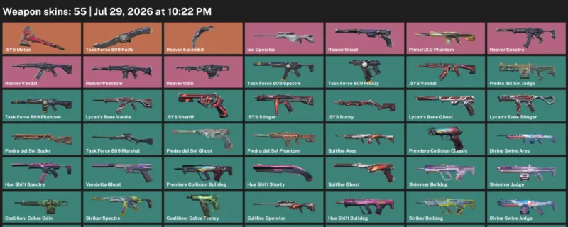 Valorant Accounts listing: LVL 97 · .SYS Melee & Reaver Karambit · 55 Skins - Silver 1, 55 skins