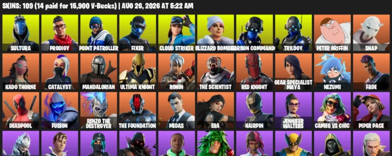 Fortnite account inventory for LVL 1511 - Sultura - Prodigy - 109 Outfits