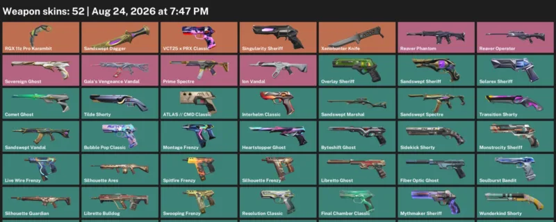 Valorant account inventory for LVL 444 · RGX 11z Pro Karambit & Sandswept Dagger