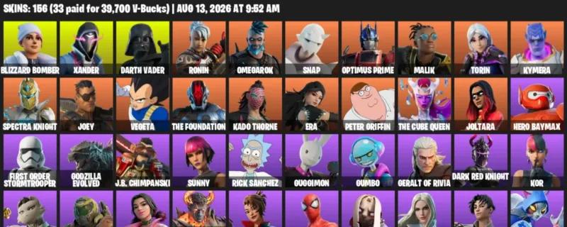 Fortnite account inventory for LVL 1804 - Blizzard Bomber - Xander - 156 Outfits