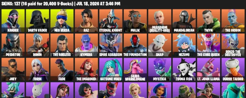 Fortnite Accounts listing: LVL 1604 - Xander - Darth Vader - 137 Outfits - 137 outfits