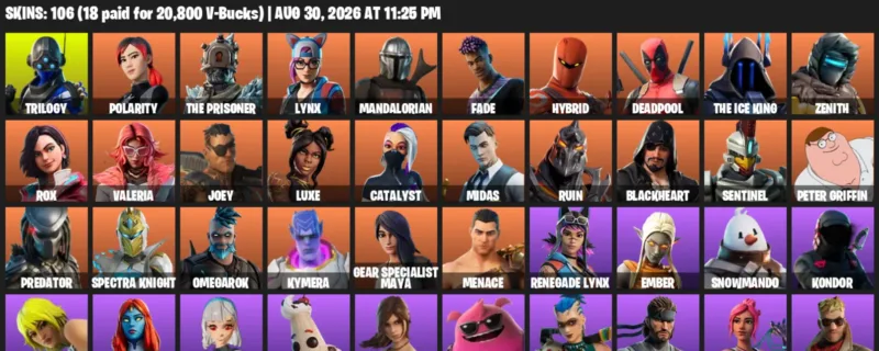 Fortnite account inventory for LVL 1520 - Trilogy - Polarity - 106 Outfits