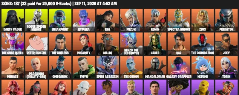 Fortnite account inventory for LVL 2504 - Darth Vader - Rogue Spider Knight - 187 Outfits