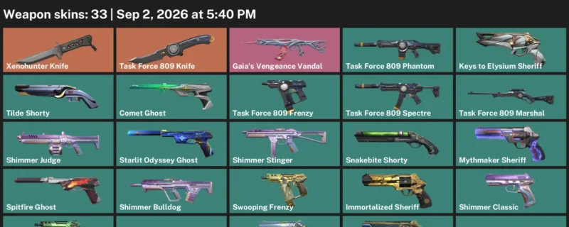 Valorant account inventory for LVL 236 · Xenohunter Knife & 33 Skins Task Force 809 Knife