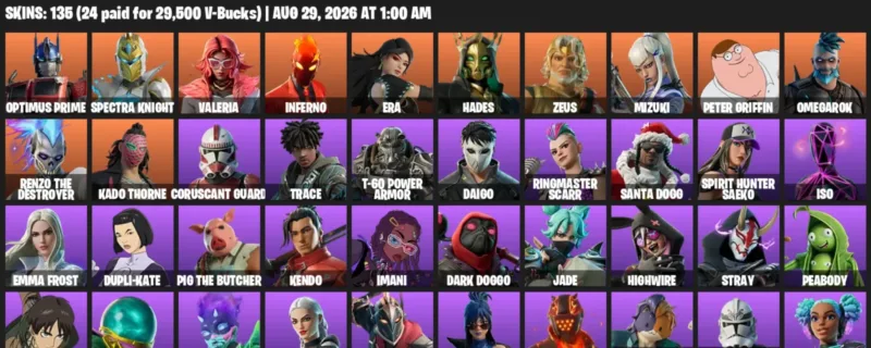 Fortnite account inventory for LVL 2101 - Optimus Prime - Spectra Knight - 135 Outfits