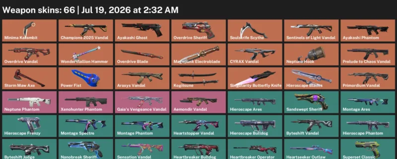 Valorant Accounts listing: LVL 120 · Minima Karambit & Overdrive Blade · 66 Skins - Ascendant 3, 66 skins