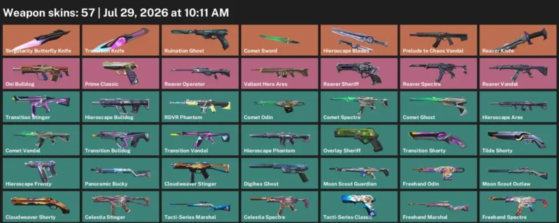 Valorant Accounts listing: LVL 202 · Comet Sword & Reaver Knife · 57 Skins - Bronze 2, 57 skins
