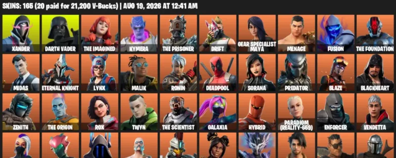 Fortnite account inventory for LVL 3056 - Xander - Darth Vader - 165 Outfits