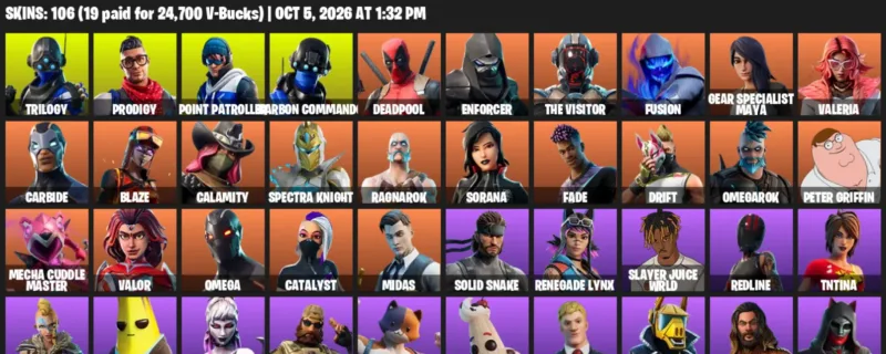 Fortnite account inventory for Trilogy - Prodigy - 106 Outfits