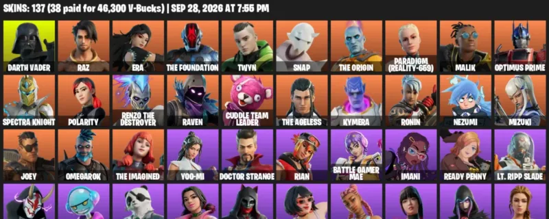 Fortnite account inventory for Darth Vader - Raz - 120 Outfits