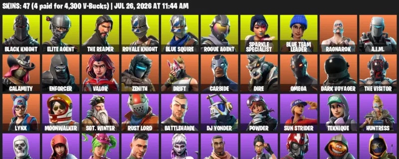 Fortnite Accounts listing: LVL 521 - Black Knight - Elite Agent - 47 Outfits - 47 outfits