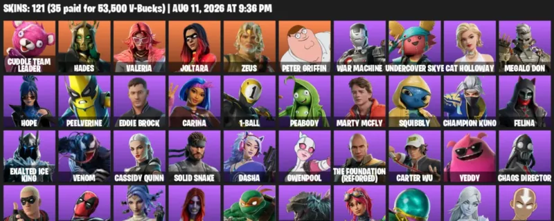 Fortnite account inventory for LVL 2124 - Cuddle Team Leader - Hades - 121 Outfits