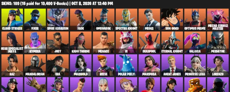 Fortnite account inventory for Cloud Striker - Fixer - 109 Outfits