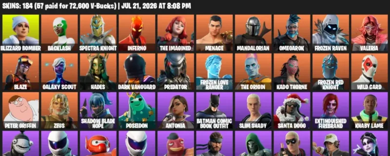Fortnite Accounts listing: LVL 2580 - Blizzard Bomber - Backlash - 184 Outfits - 184 outfits