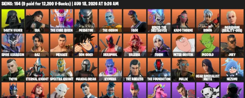 Fortnite account inventory for LVL 2779 - Darth Vader - Era - 154 Outfits
