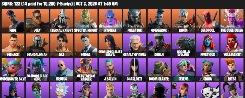 Fortnite account inventory for Fade - Joey - 120 Outfits