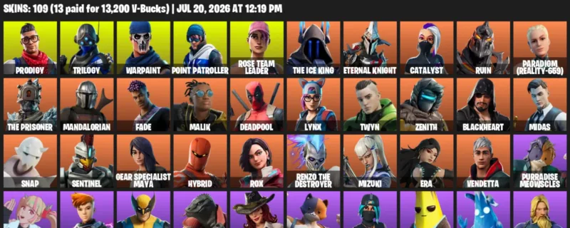 Fortnite Accounts listing: LVL 1960 - Prodigy - Trilogy - 109 Outfits - 109 outfits