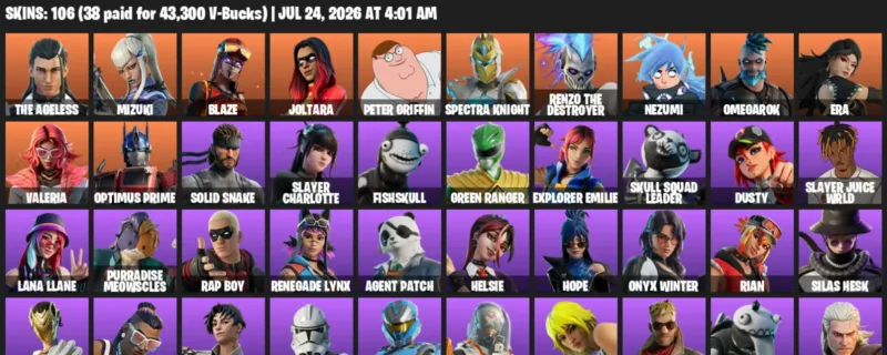 Fortnite Accounts listing: LVL 2131 - The Ageless - Mizuki - 106 Outfits - 106 outfits