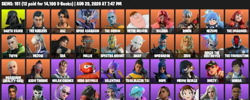 Fortnite account inventory for LVL 2602 - Darth Vader - The Ageless - 151 Outfits