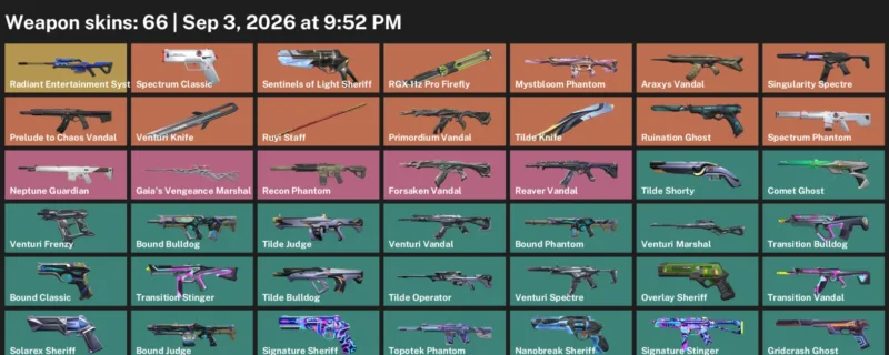 Valorant account inventory for LVL 181 · Araxys Vandal & Venturi Knife