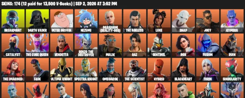 Fortnite account inventory for LVL 2570 - Breakpoint - Darth Vader - 174 Outfits
