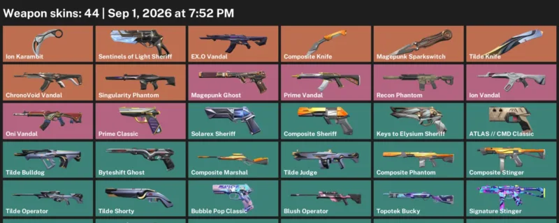 Valorant account inventory for LVL 167 · Composite Knife & Ion Karambit & Tilde Knife