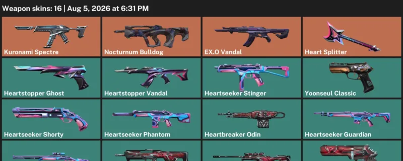 Valorant account inventory for LVL 56 · 16 Skins EX.O Vandal & EX.O Vandal & Heart Splitter