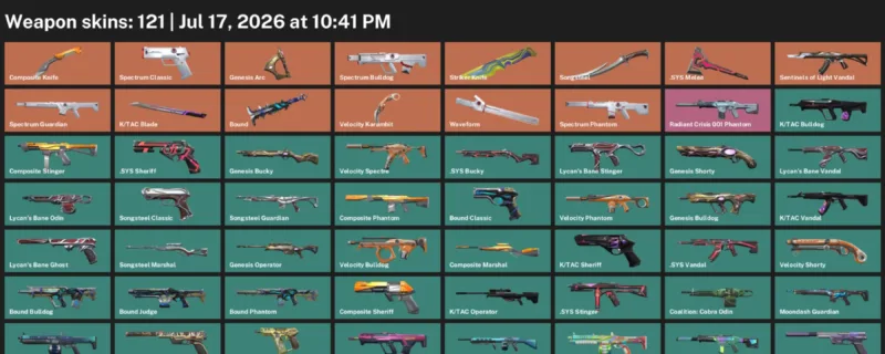 Valorant Accounts listing: LVL 203 · .SYS Melee & Composite Knife · 121 Skins - Silver 2, 121 skins