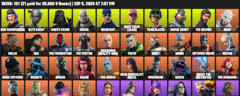 Fortnite account inventory for LVL 2013 - Sub Commander - Elite Agent - 191 Outfits