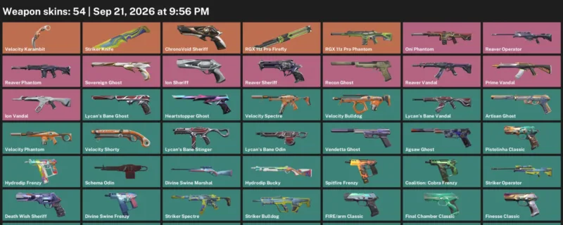 Valorant account inventory for LVL 222 · Striker Knife & Velocity Karambit & ChronoVoid Sheriff