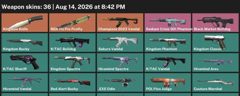Valorant account inventory for LVL 107 · Champions 2023 Vandal & Kingdom Knife