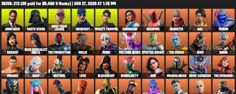 Fortnite account inventory for LVL 2477 - John Wick - Darth Vader - 213 Outfits