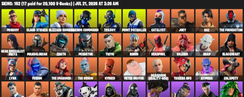 Fortnite Accounts listing: LVL 2536 - Prodigy - Cloud Striker - 152 Outfits - 152 outfits
