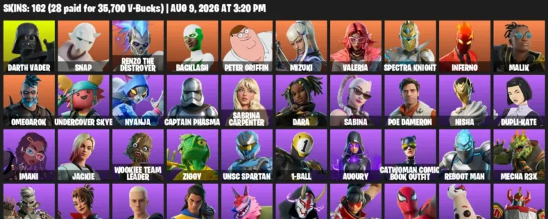 Fortnite account inventory for LVL 2360 - Darth Vader - Snap - 162 Outfits