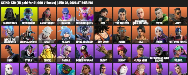 Fortnite account inventory for LVL 2103 - Darth Vader - Breakpoint - 130 Outfits
