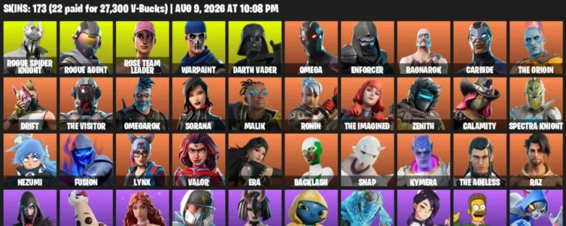 Fortnite account inventory for LVL 2128 - Rogue Spider Knight - Rogue Agent - 173 Outfits
