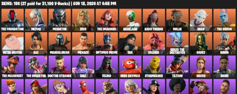 Fortnite account inventory for LVL 2632 - The Foundation - Mizuki - 156 Outfits